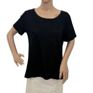 Vince Women’s Black Short-Sleeve Top with Leather-Trimmed Neckline - Size L